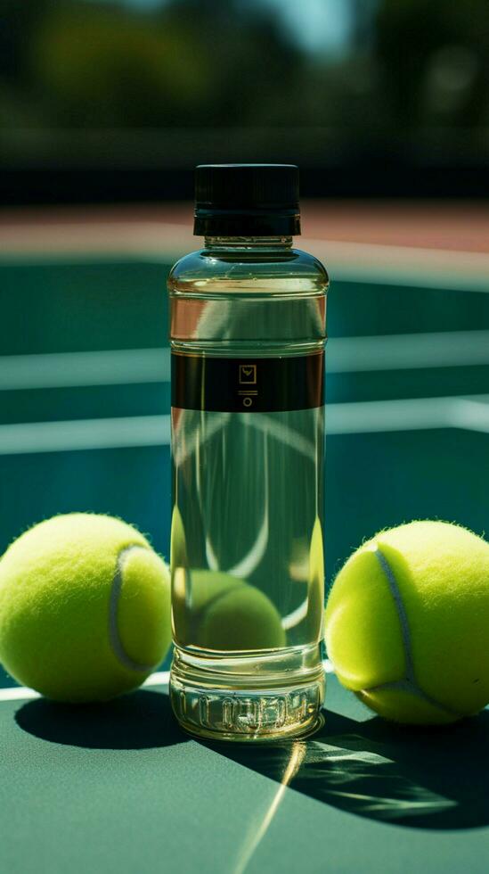 gastos generales ver de un tenis paleta siguiente a un agua botella vertical móvil fondo de pantalla ai generado foto