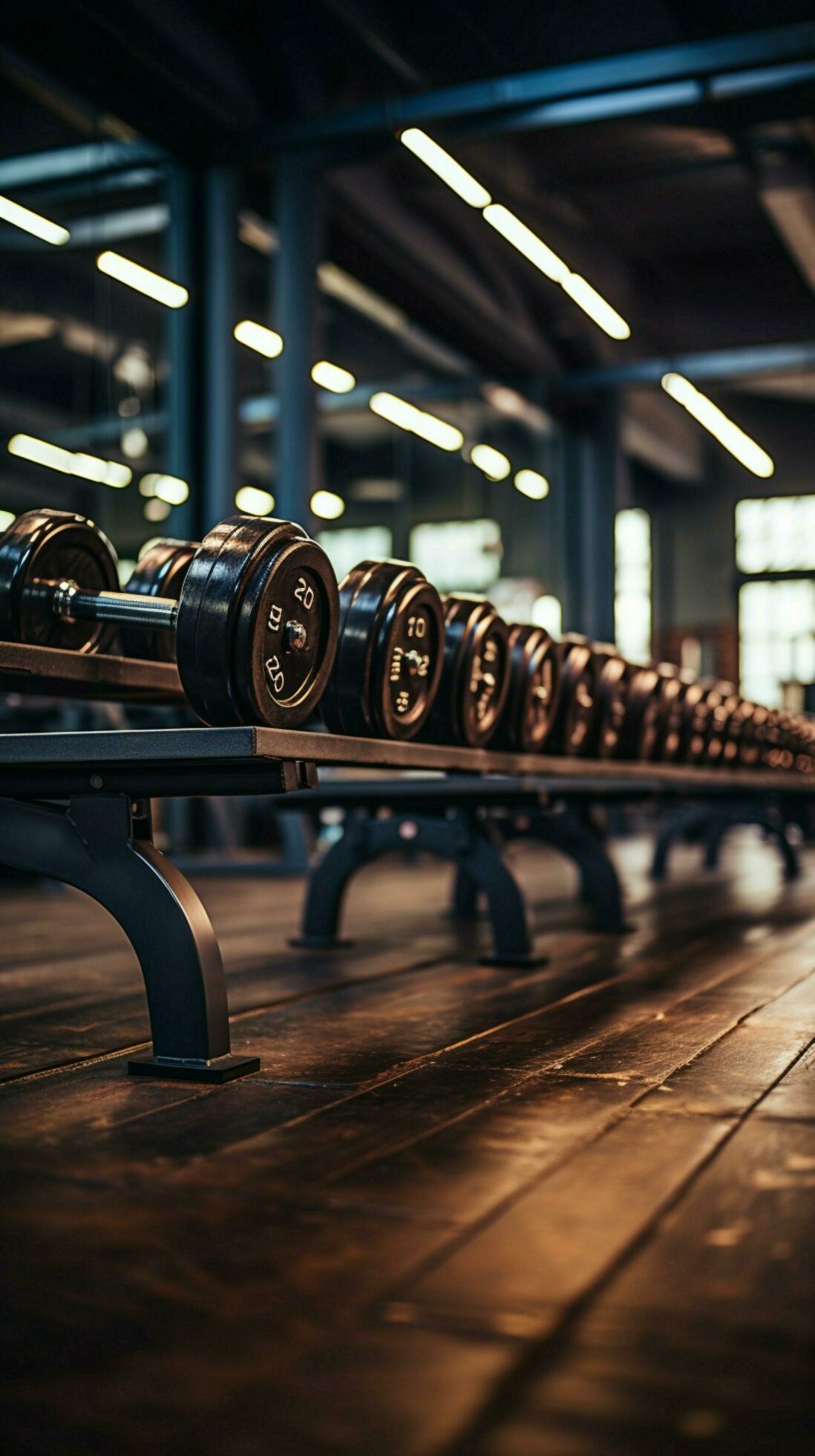 The gym features rows of dumbbells, offering a wide range of weights  Vertical Mobile Wallpaper AI Generated 31597015 Stock Photo at Vecteezy