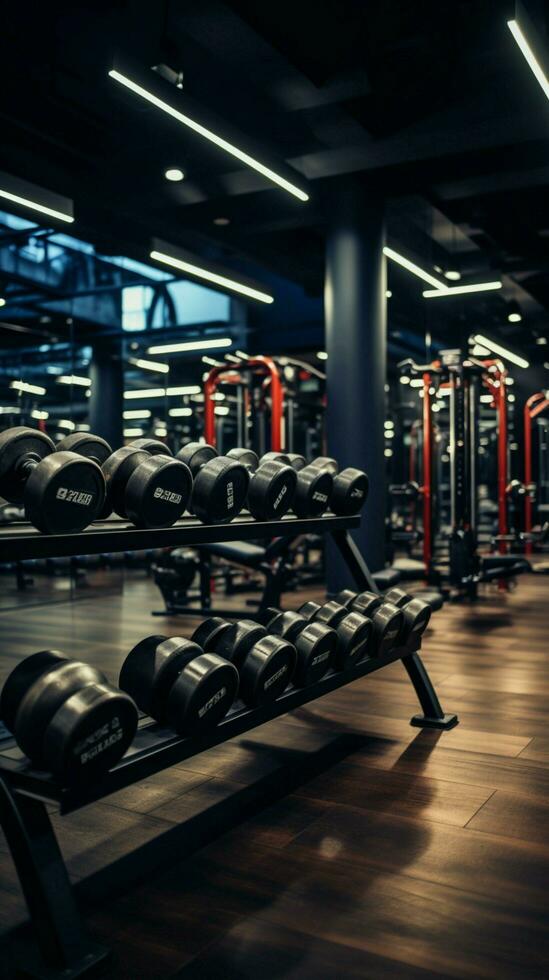 The gym features rows of dumbbells, offering a wide range of weights Vertical Mobile Wallpaper AI Generated photo
