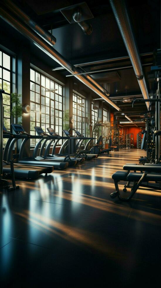 A gyms indoors showcases a plethora of exercise and workout equipment Vertical Mobile Wallpaper AI Generated photo