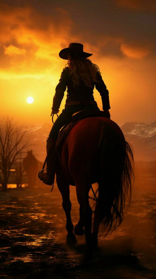 A horseback riding cowgirls silhouette against the twilight sky Vertical Mobile Wallpaper AI Generated photo