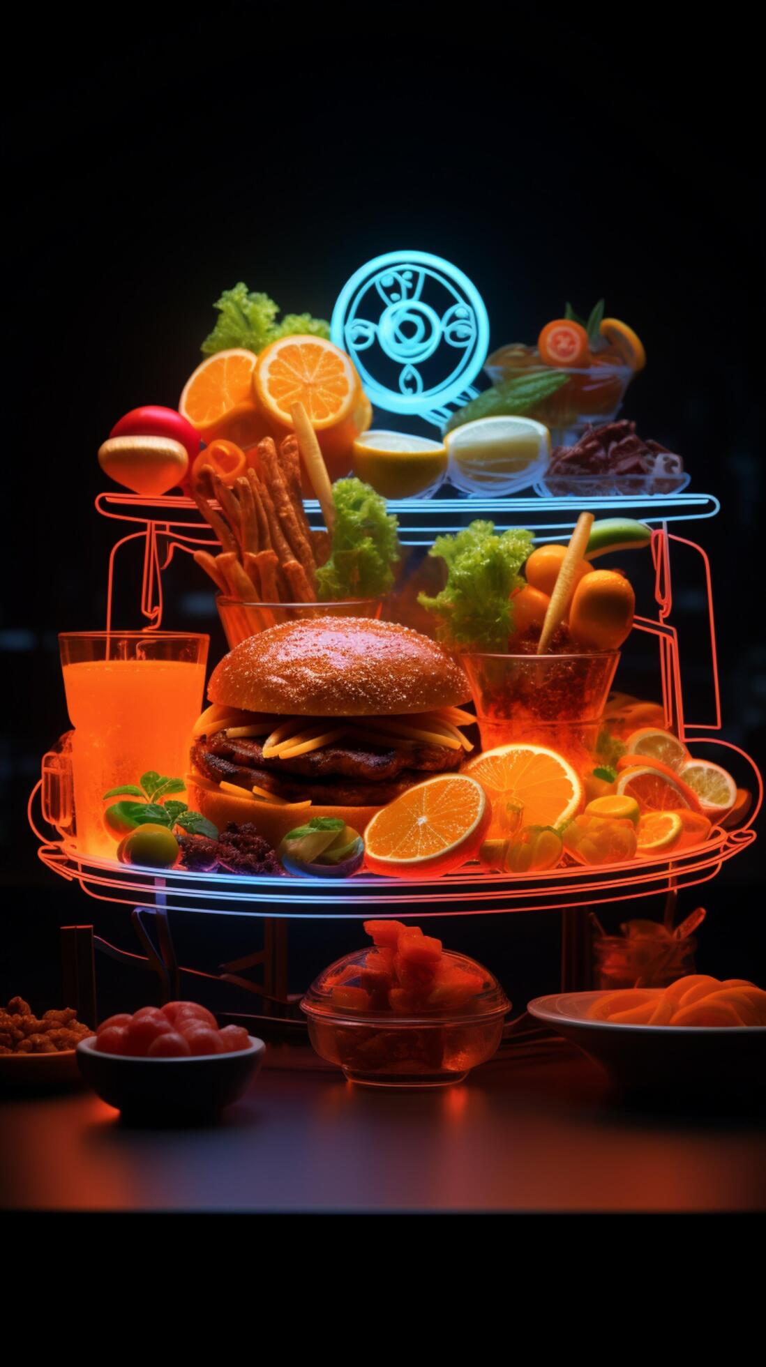 A neon sign entices with delicious food, drawing you in with open hand