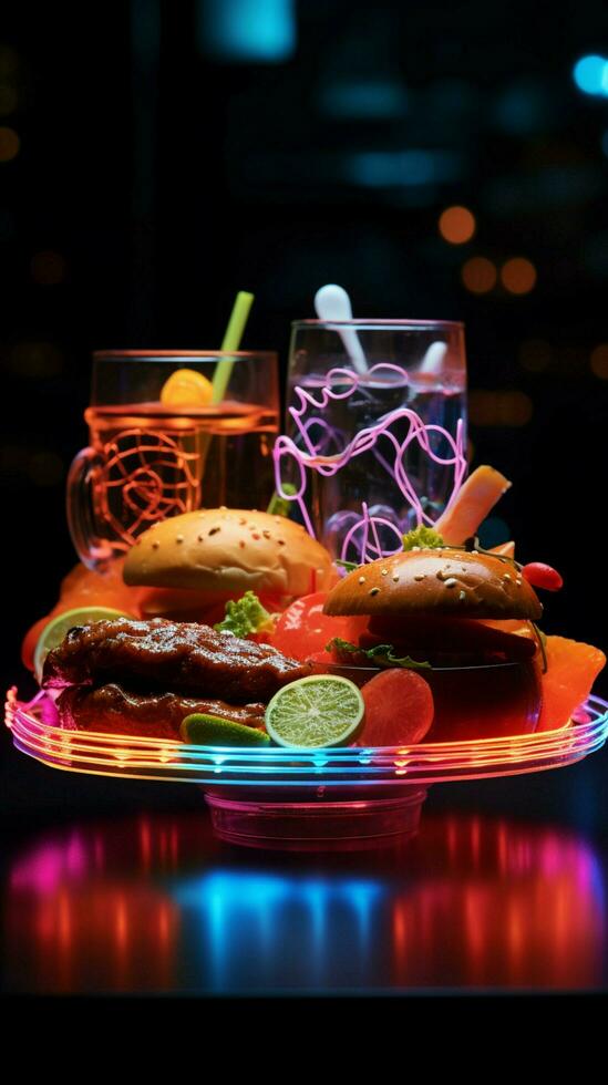 A neon sign entices with delicious food, drawing you in with open hand Vertical Mobile Wallpaper AI Generated photo