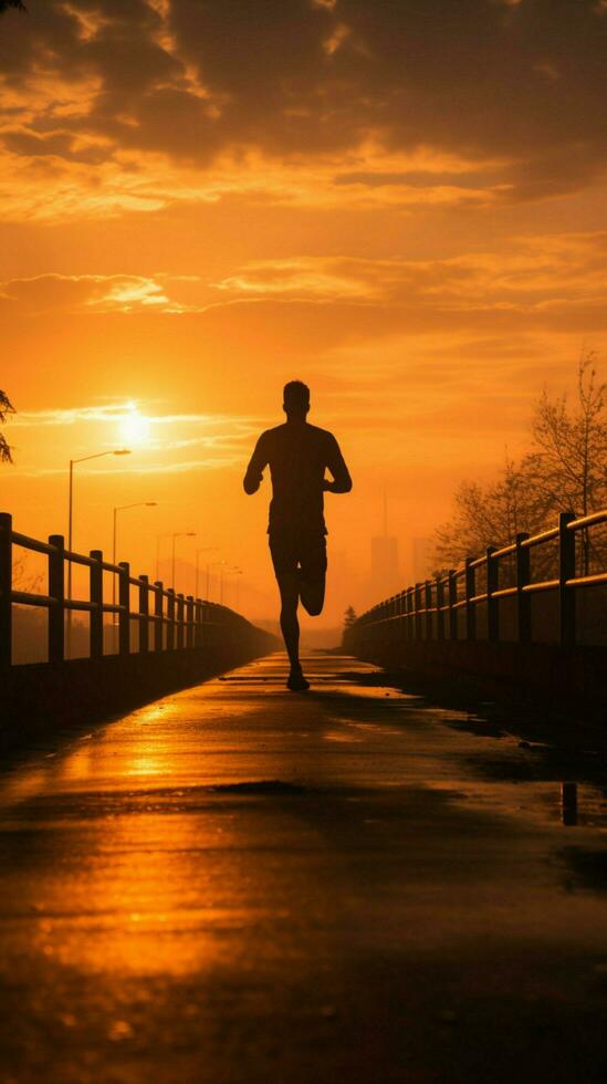 A silhouette of a young fitness enthusiast jogging against a stunning sunrise Vertical Mobile Wallpaper AI Generated photo