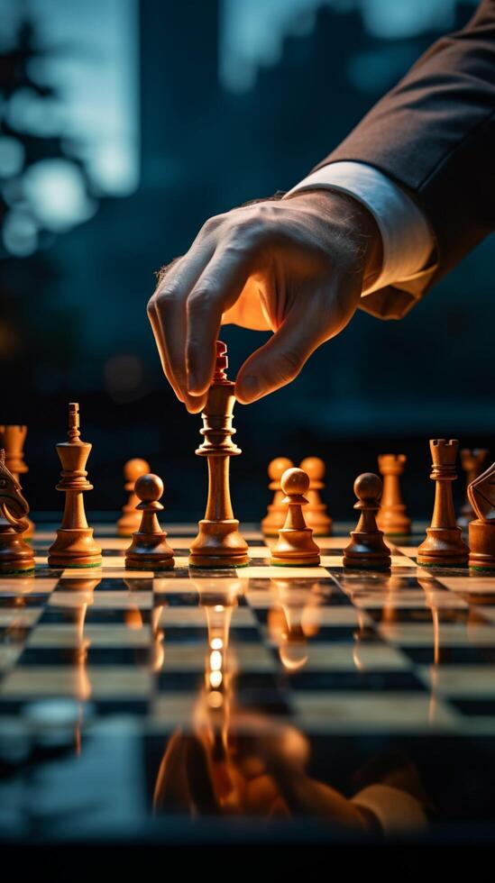 A skilled hand deftly slides a chess piece marked Chess across