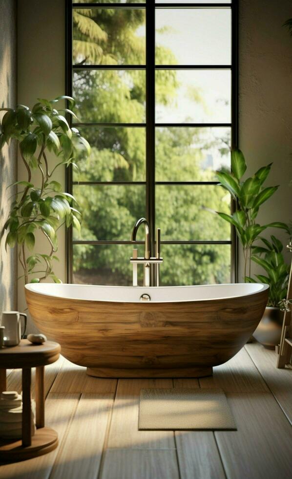 3D rendered bathroom scene featuring a wooden side table, bathtub, and greenery Vertical Mobile Wallpaper AI Generated photo