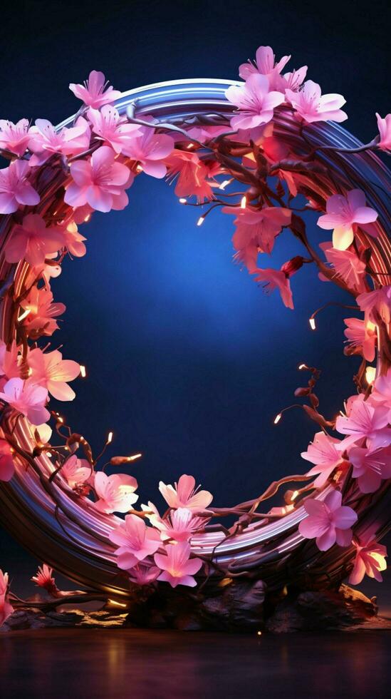 Elegant floral halo Pink blooms surround a circle, lit by neons blue Vertical Mobile Wallpaper AI Generated photo