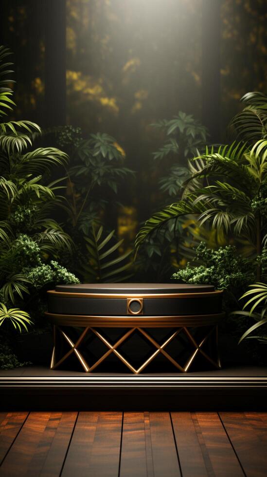 Elegant product display 3D wooden podium with golden steel leg and