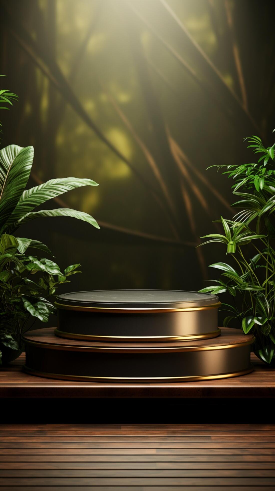 Elegant product display 3D wooden podium with golden steel leg and