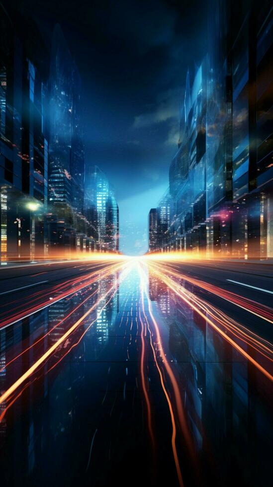 Fast paced data highway Motion blur on a digital road illustrates rapid information flow Vertical Mobile Wallpaper AI Generated photo