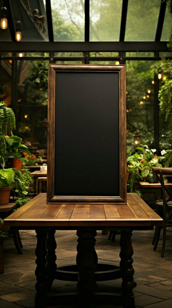 Garden inspired dining A blank menu blackboard, complemented by lush potted greenery Vertical Mobile Wallpaper AI Generated photo