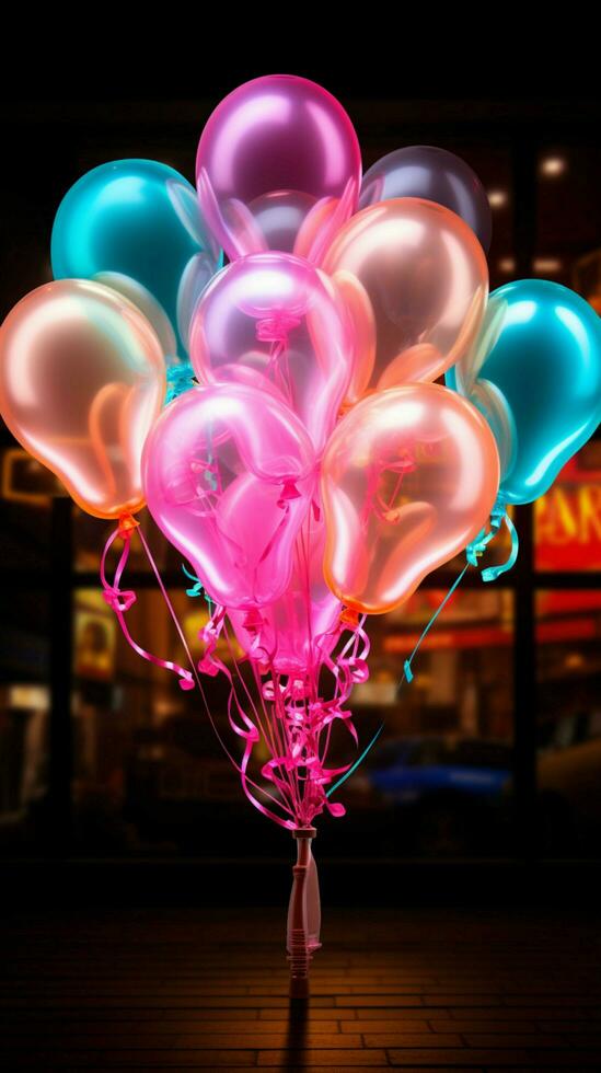 Glowing balloon Neon sign lights up the night with playful brilliance Vertical Mobile Wallpaper AI Generated photo