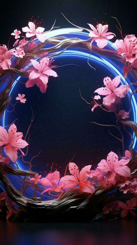 Glowing garden embrace Blue neon lights accentuate the pink floral circle Vertical Mobile Wallpaper AI Generated photo