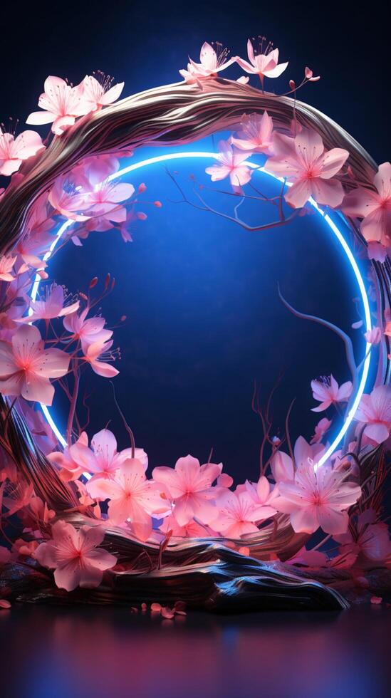 Glowing garden embrace Blue neon lights accentuate the pink floral circle Vertical Mobile Wallpaper AI Generated photo