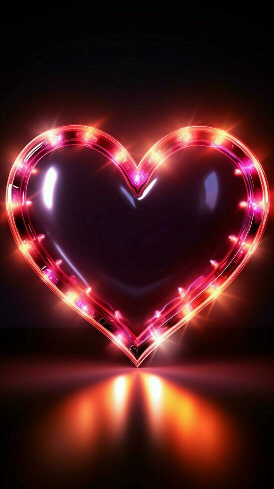 Glowing hearts sign Retro neon design radiates on a black background Vertical Mobile Wallpaper AI Generated photo