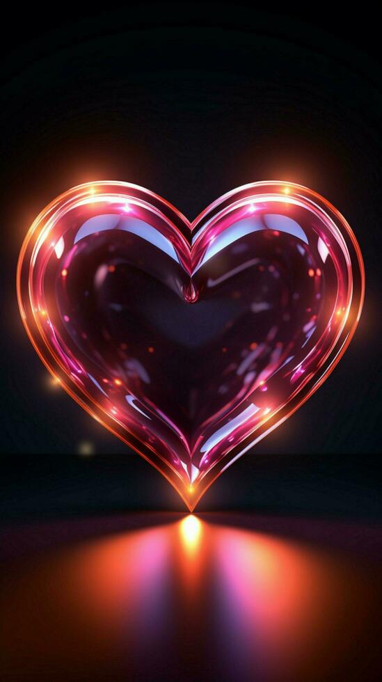 Glowing hearts sign Retro neon design radiates on a black background Vertical Mobile Wallpaper AI Generated photo