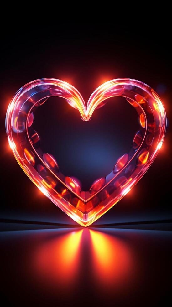 Glowing hearts sign Retro neon design radiates on a black background