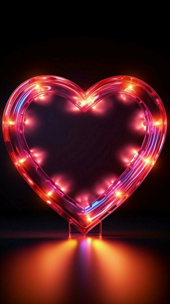 Glowing hearts sign Retro neon design radiates on a black background Vertical Mobile Wallpaper AI Generated photo