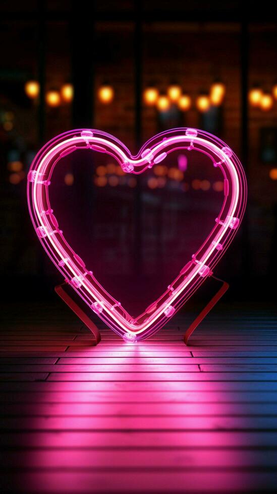 Glowing love A neon sign outlines a heart shape for romantic ambiance Vertical Mobile Wallpaper AI Generated photo