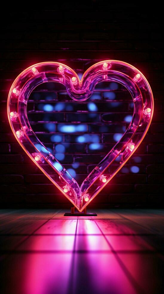 Glowing love A neon sign outlines a heart shape for romantic ambiance Vertical Mobile Wallpaper AI Generated photo