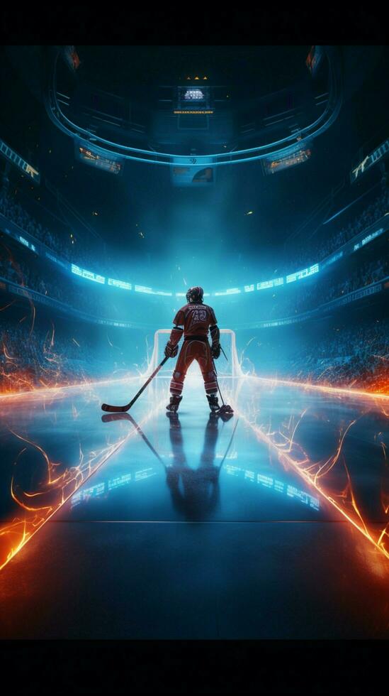 Ice bound neon victory A goal shines bright in the hockey arenas glow Vertical Mobile Wallpaper AI Generated photo