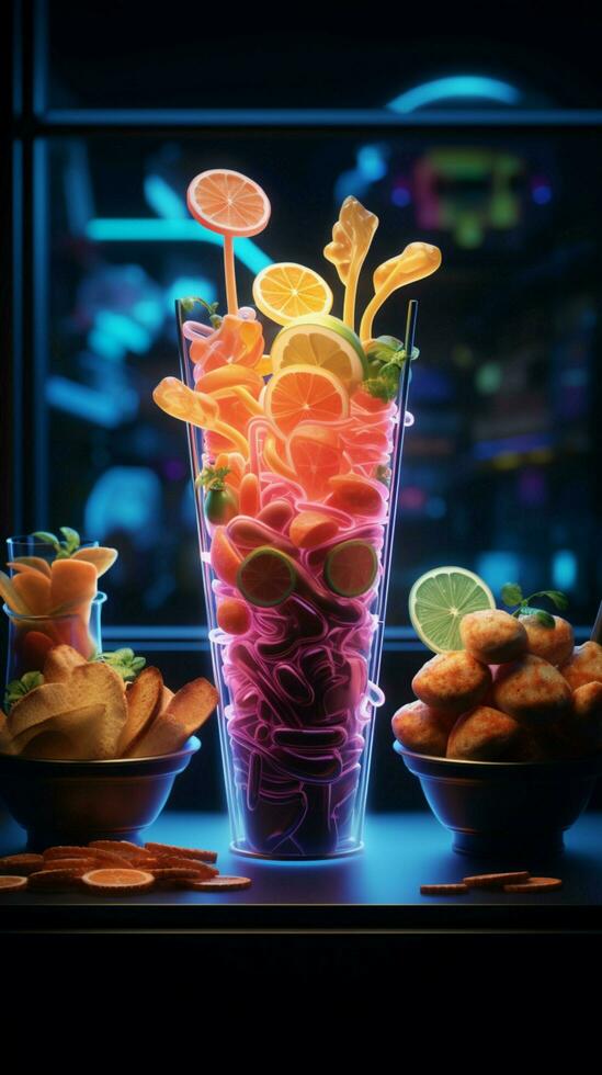 Illuminated flavors Food shines brightly under the captivating glow of neon Vertical Mobile Wallpaper AI Generated photo