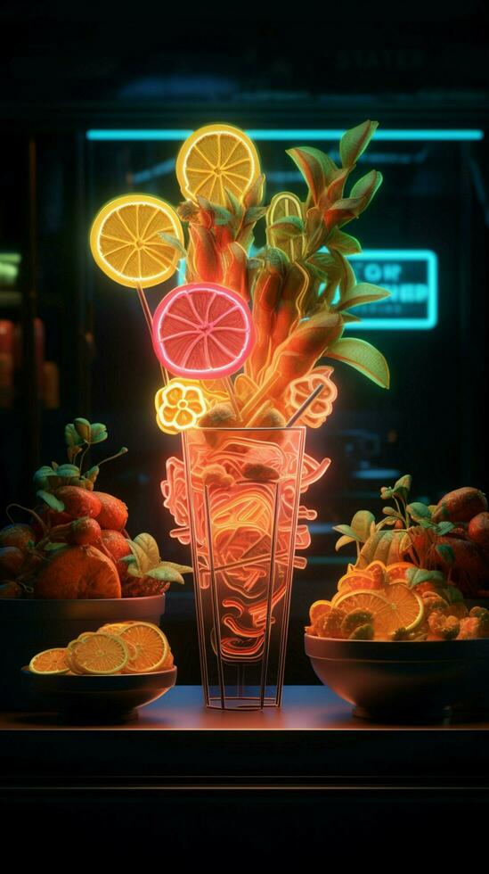 Illuminated flavors Food shines brightly under the captivating glow of neon Vertical Mobile Wallpaper AI Generated photo