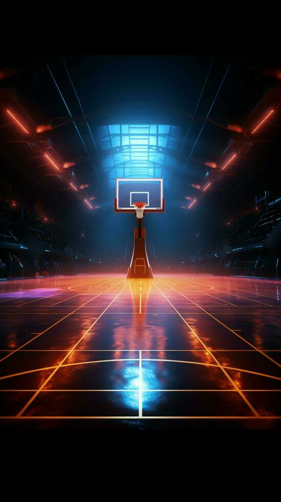 Immersive virtual sport 3D render of a neon lit basketball fields side view Vertical Mobile Wallpaper AI Generated photo