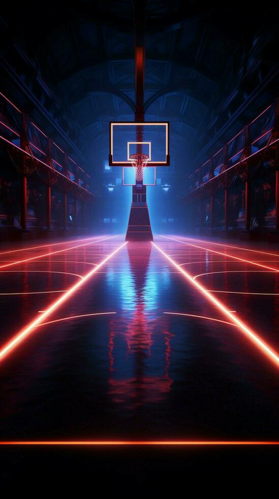 Immersive virtual sport 3D render of a neon lit basketball fields side view Vertical Mobile Wallpaper AI Generated photo