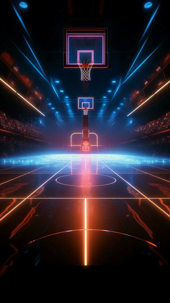 inmersivo virtual deporte 3d hacer de un neón iluminado baloncesto campos lado ver vertical móvil fondo de pantalla ai generado foto