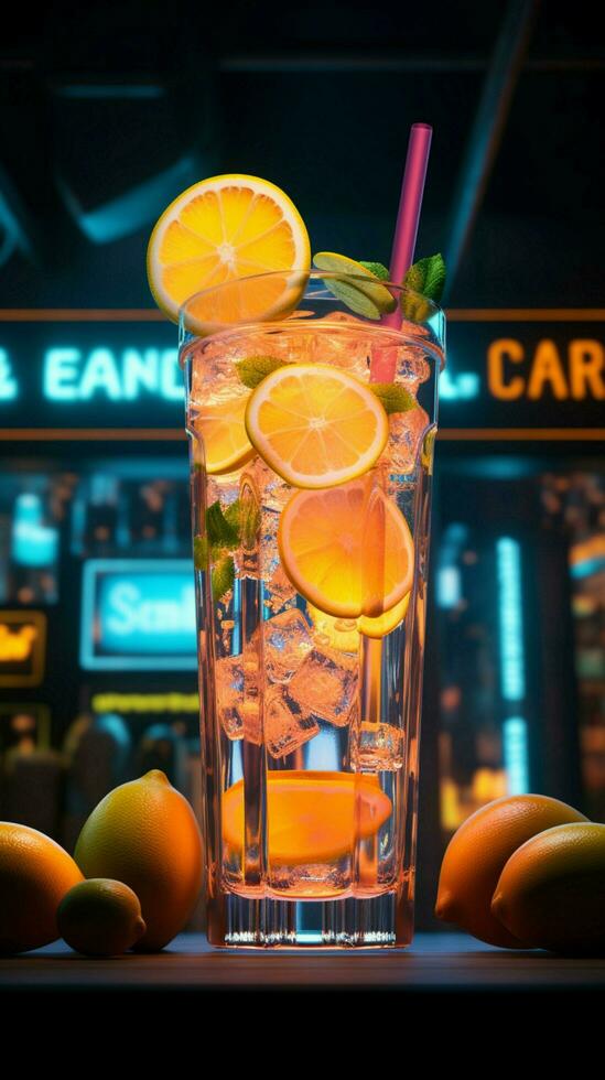 In the neon glow, lemonade radiates with citrusy and thirst quenching brilliance Vertical Mobile Wallpaper AI Generated photo