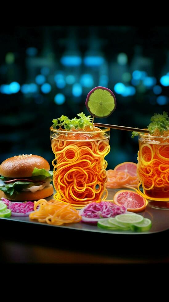 Luminous culinary art Neon light transforms food into an enchanting visual feast Vertical Mobile Wallpaper AI Generated photo