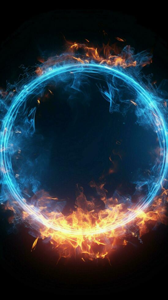 Neon fire illusion A circle of blue light simulates the burning flames Vertical Mobile Wallpaper AI Generated photo