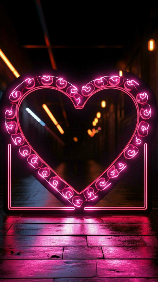 Neon heart border An illuminated sign forms a frame of affectionate glow Vertical Mobile Wallpaper AI Generated photo