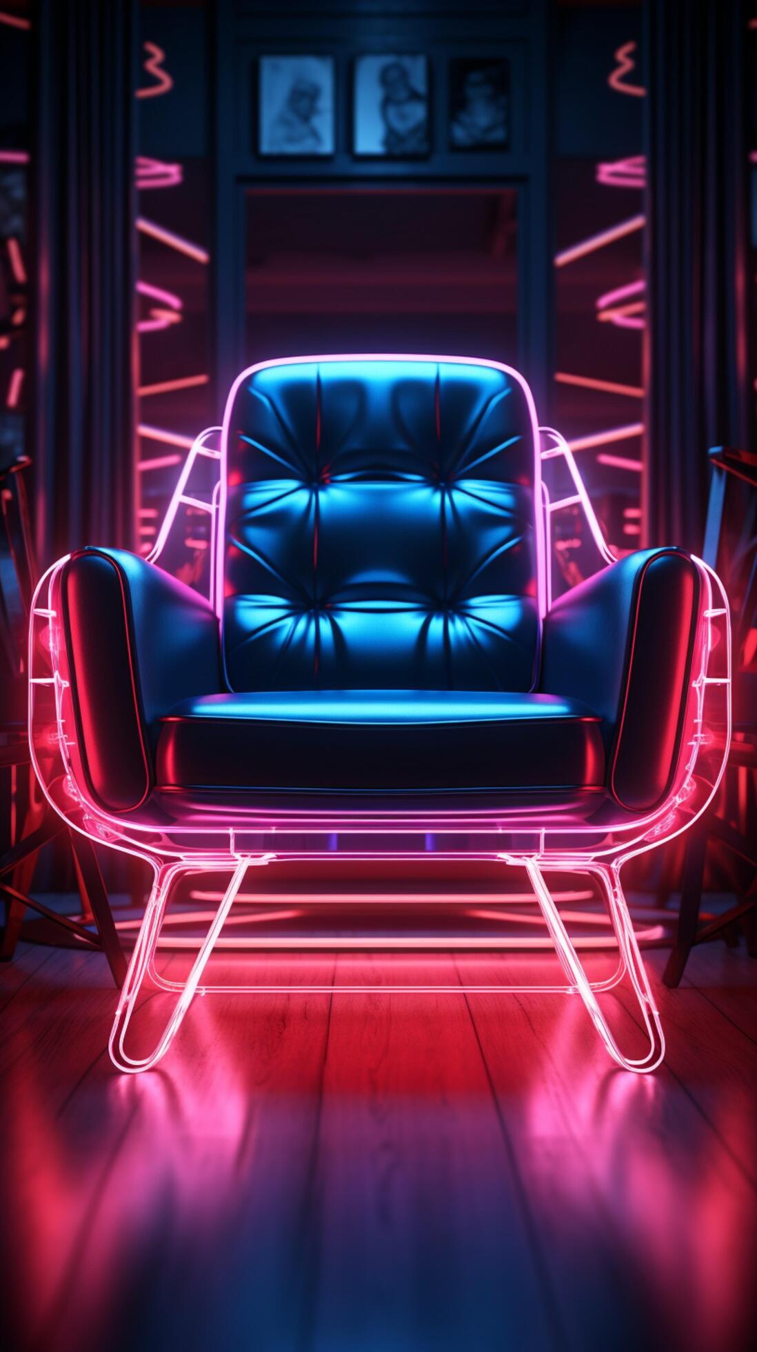 Neon lit ambiance A chair in a dim room glows with intrigue Vertical