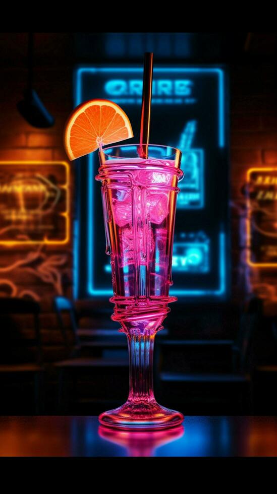 Neon thirst quencher A sign illuminates a cocktail garnished with a miniature umbrella Vertical Mobile Wallpaper AI Generated photo