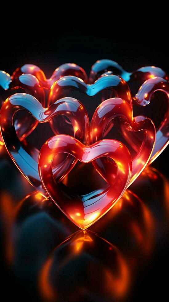 Nostalgic neon charm Bright hearts illuminate a classic black backdrop Vertical Mobile Wallpaper AI Generated photo