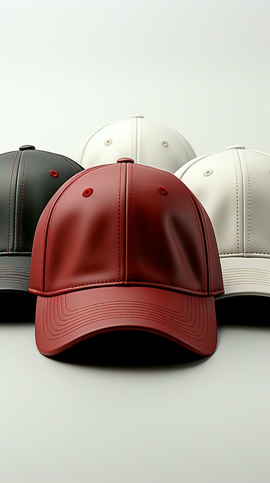 Set of cap mockup templates in white, black, and red, isolated Vertical ...