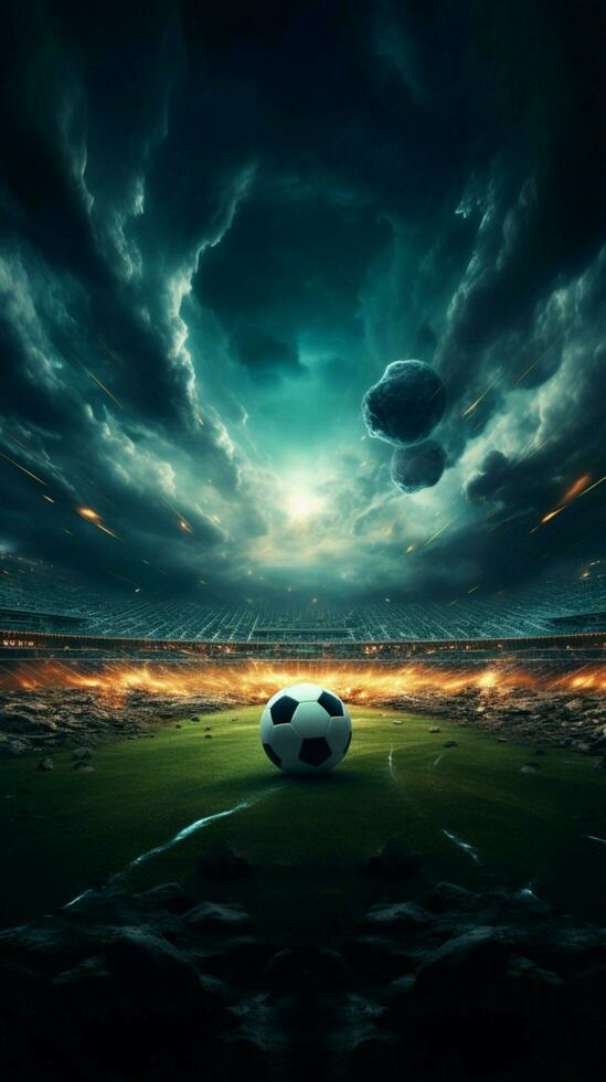 Soccer design evolution A digital concept art of an empty, beautifully lit ground Vertical Mobile Wallpaper AI Generated photo