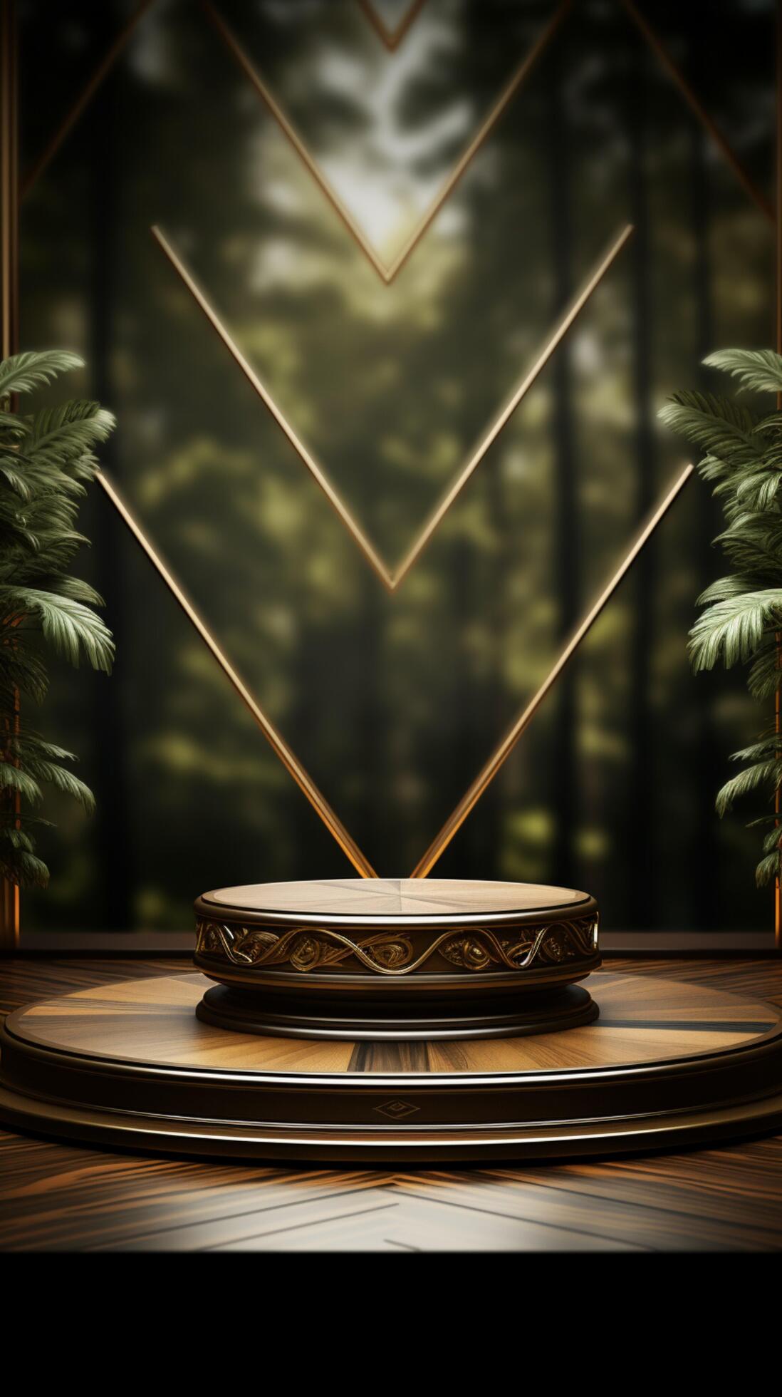 Sophisticated 3D podium with wooden tray, gold steel leg, and leafy