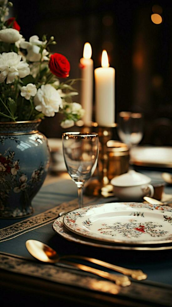 Traditional style table setting mockup with vintage photography for special occasions Vertical Mobile Wallpaper AI Generated photo