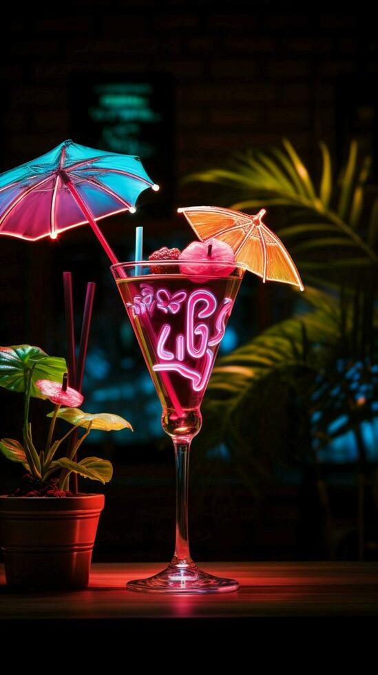 Tropical vibes Neon sign features a colorful cocktail adorned with a tiny umbrella Vertical Mobile Wallpaper AI Generated photo