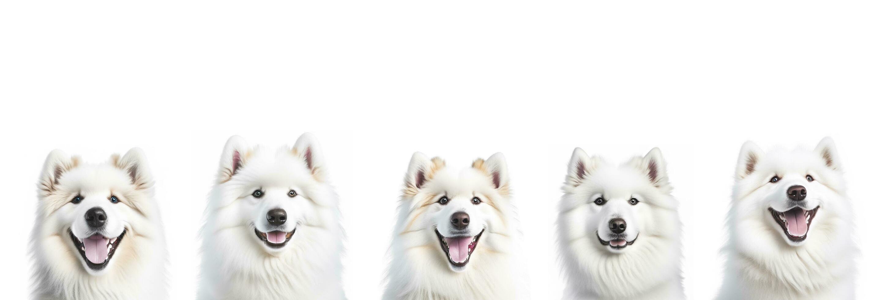 Collage close-up portrait group of young cute white happy smiling Samoyed dog head on white background banner. AI generated photo
