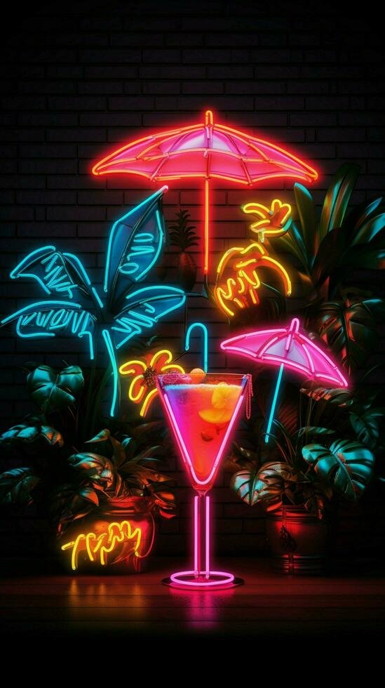Tropical vibes Neon sign features a colorful cocktail adorned with a tiny umbrella Vertical Mobile Wallpaper AI Generated photo
