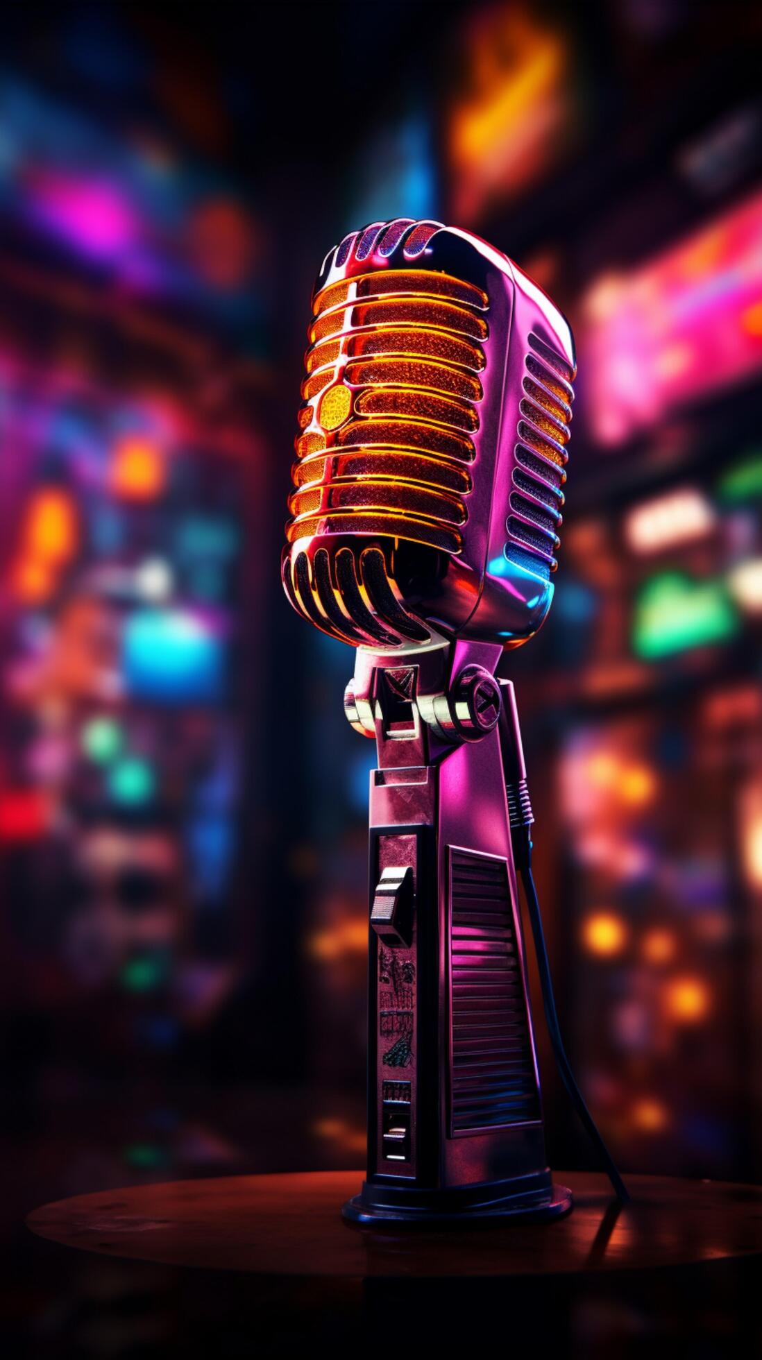 Vibrant neon light electrifies the stage for mic and speakers