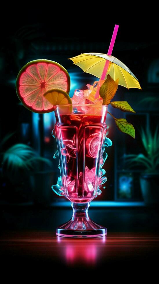 Vivid libations A neon sign entices with a tropical cocktail and umbrella Vertical Mobile Wallpaper AI Generated photo