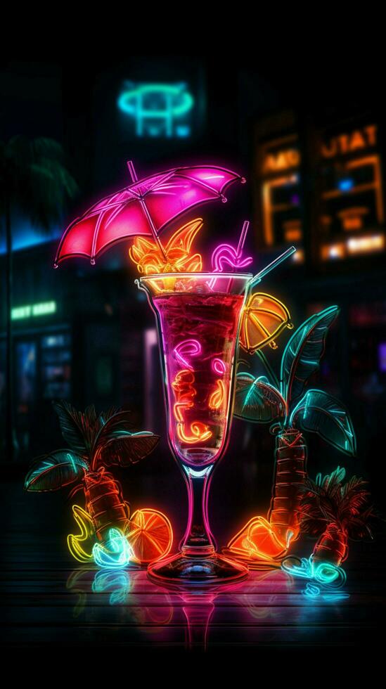 Vivid libations A neon sign entices with a tropical cocktail and umbrella Vertical Mobile Wallpaper AI Generated photo