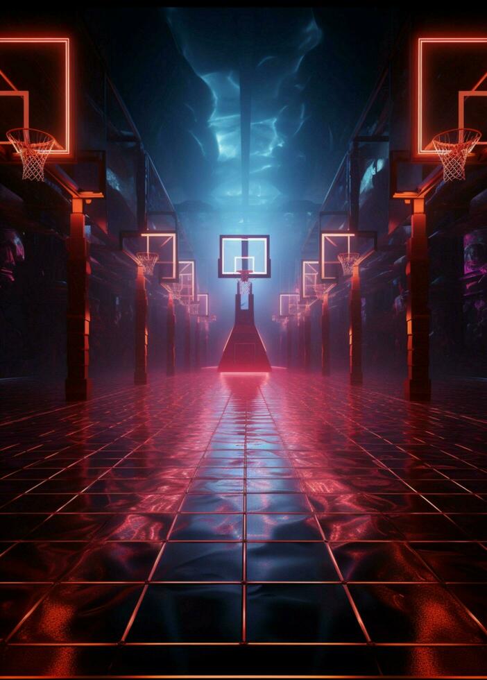 Dynamic 3D render Neon lit basketball court from a thrilling side perspective Vertical Mobile Wallpaper AI Generated photo