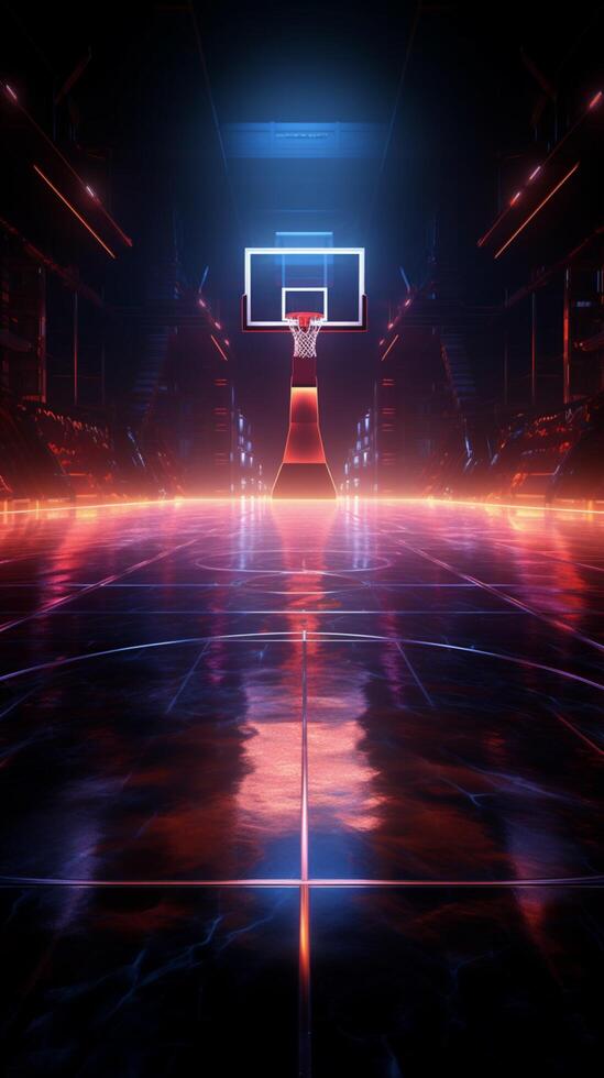 Dynamic 3D render Neon lit basketball court from a thrilling side perspective Vertical Mobile Wallpaper AI Generated photo