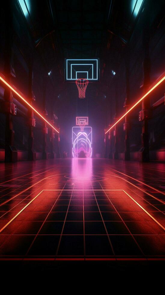 dinámica 3d hacer neón iluminado baloncesto Corte desde un emocionante lado perspectiva vertical móvil fondo de pantalla ai generado foto